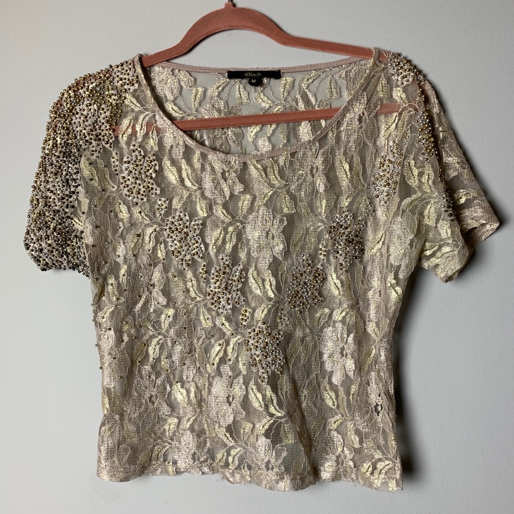 Floral Gold Sparkle Lace Sheer Top S / M